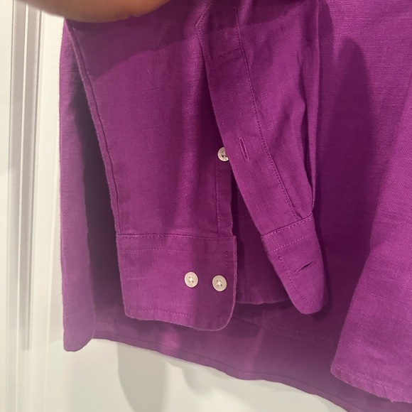 Lauren Ralph Lauren Blouse Women’s  L Purple 100% Linen Roll Tab Sleeve Tunic - Picture 6 of 8